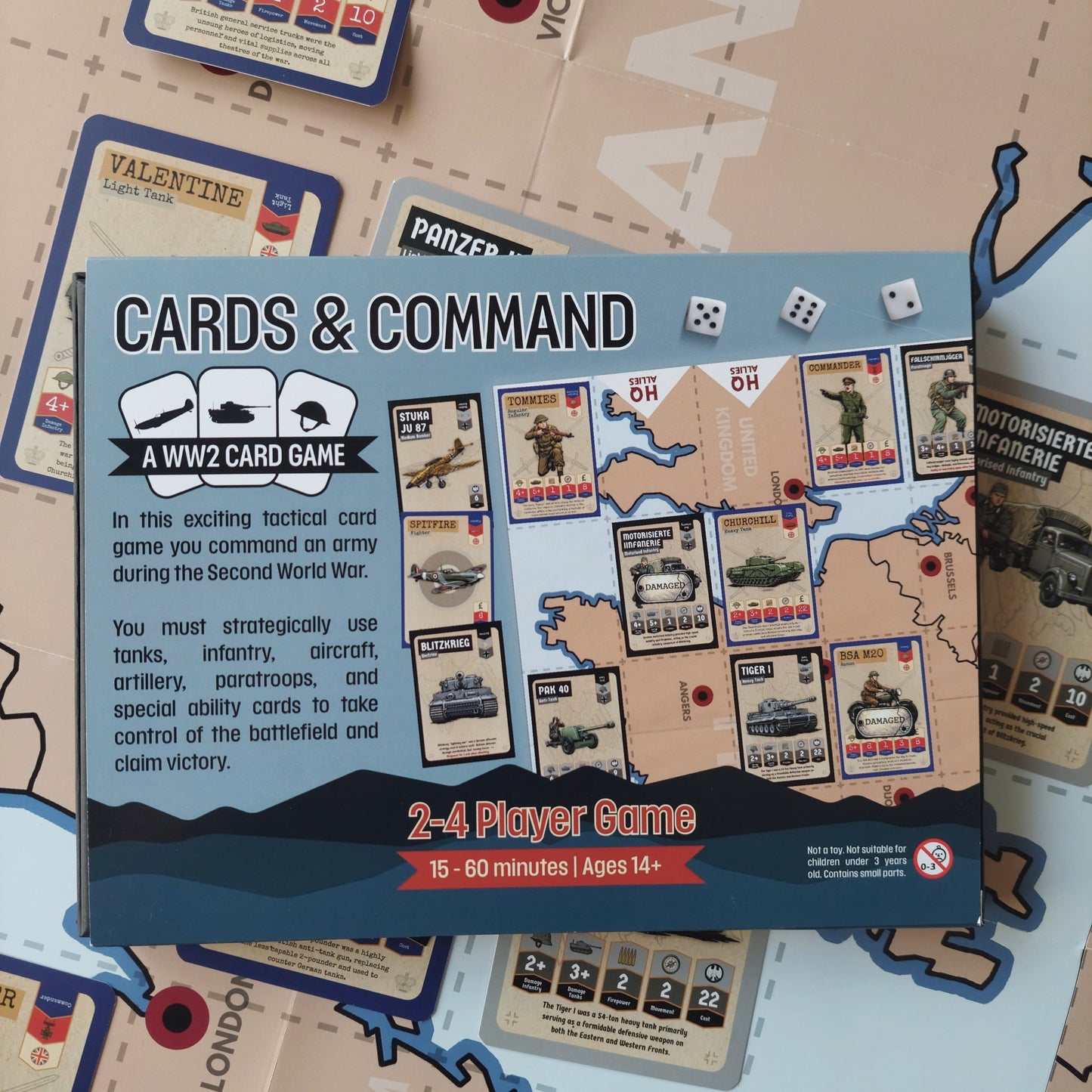 Card game box for 'Cards & Command' with WWII theme on a map background