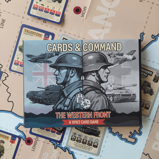Card game box titled 'Cards & Command: The Western Front' on a map background