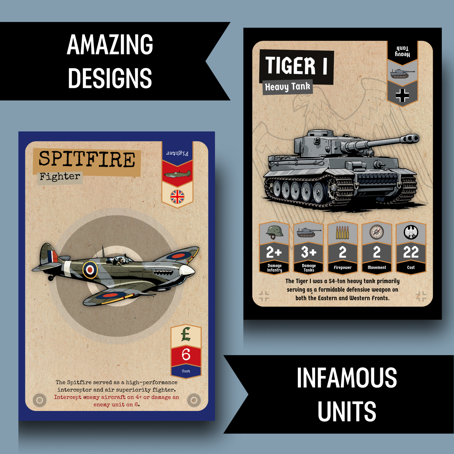 Two vintage-style cards featuring a Spitfire fighter plane and a Tiger I tank on a blue background.