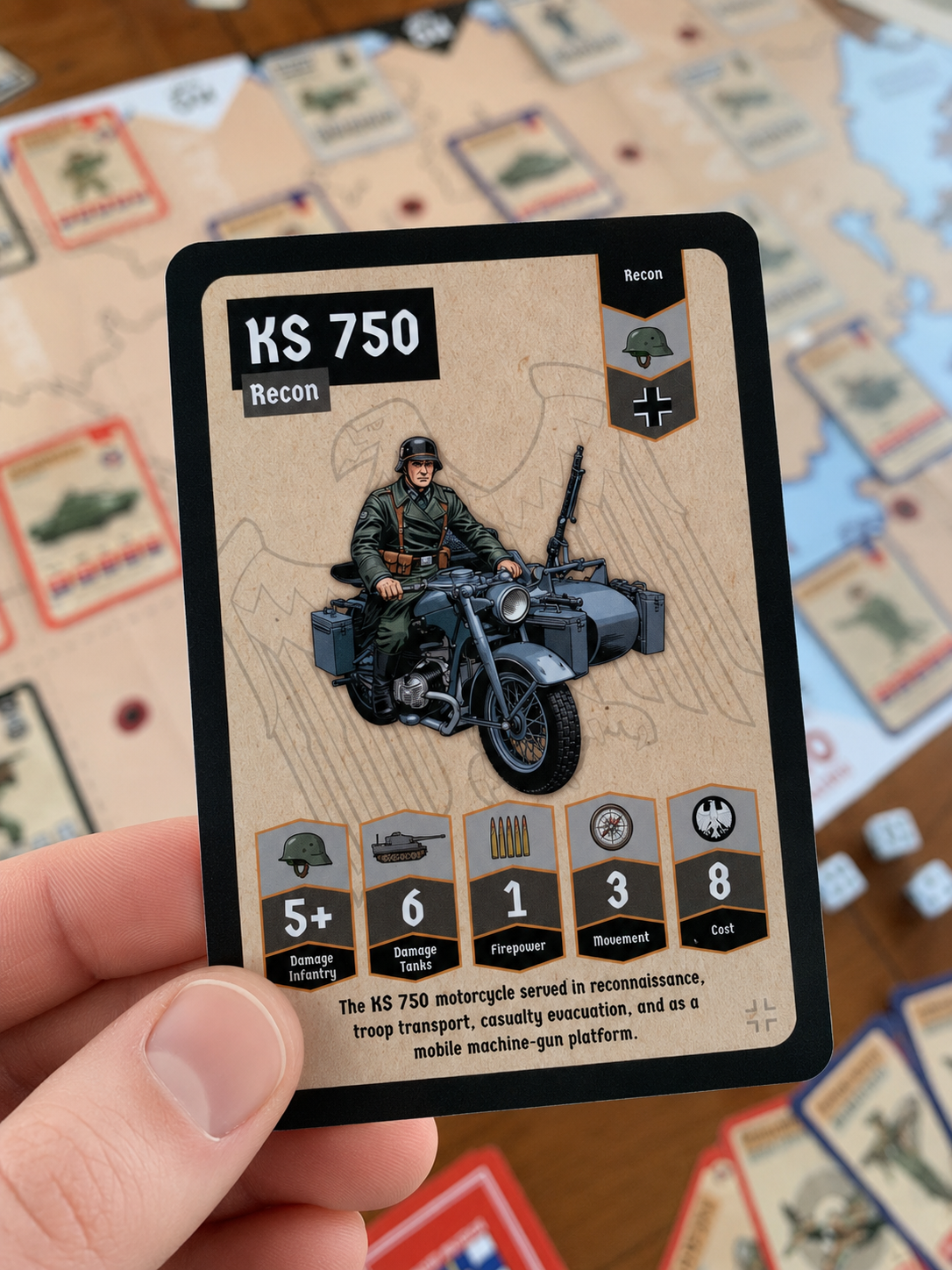 World war two card featuring a motorcycle and sidecar with game elements in the background