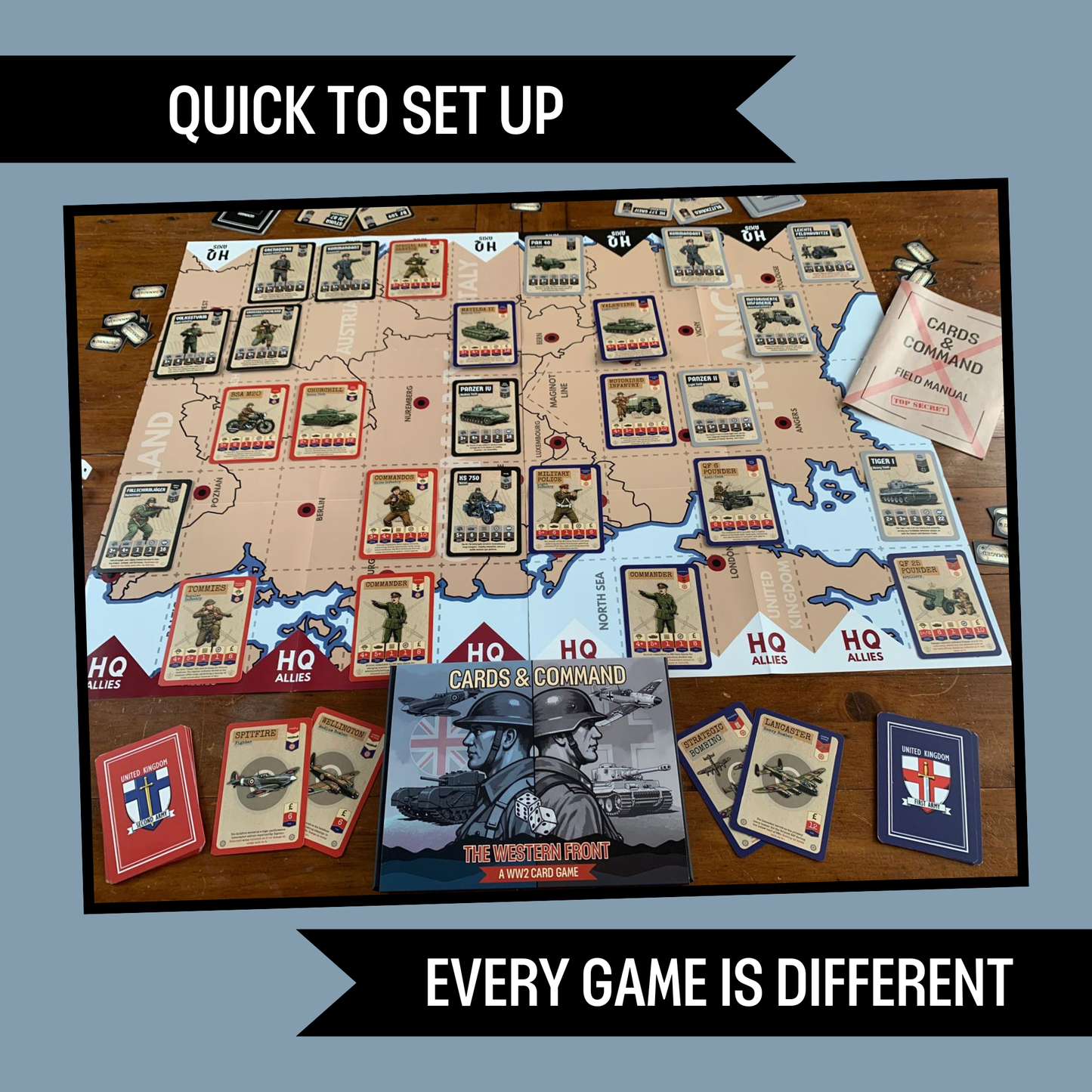 World War Two board game with cards and map on a wooden surface, featuring text about game setup and uniqueness.