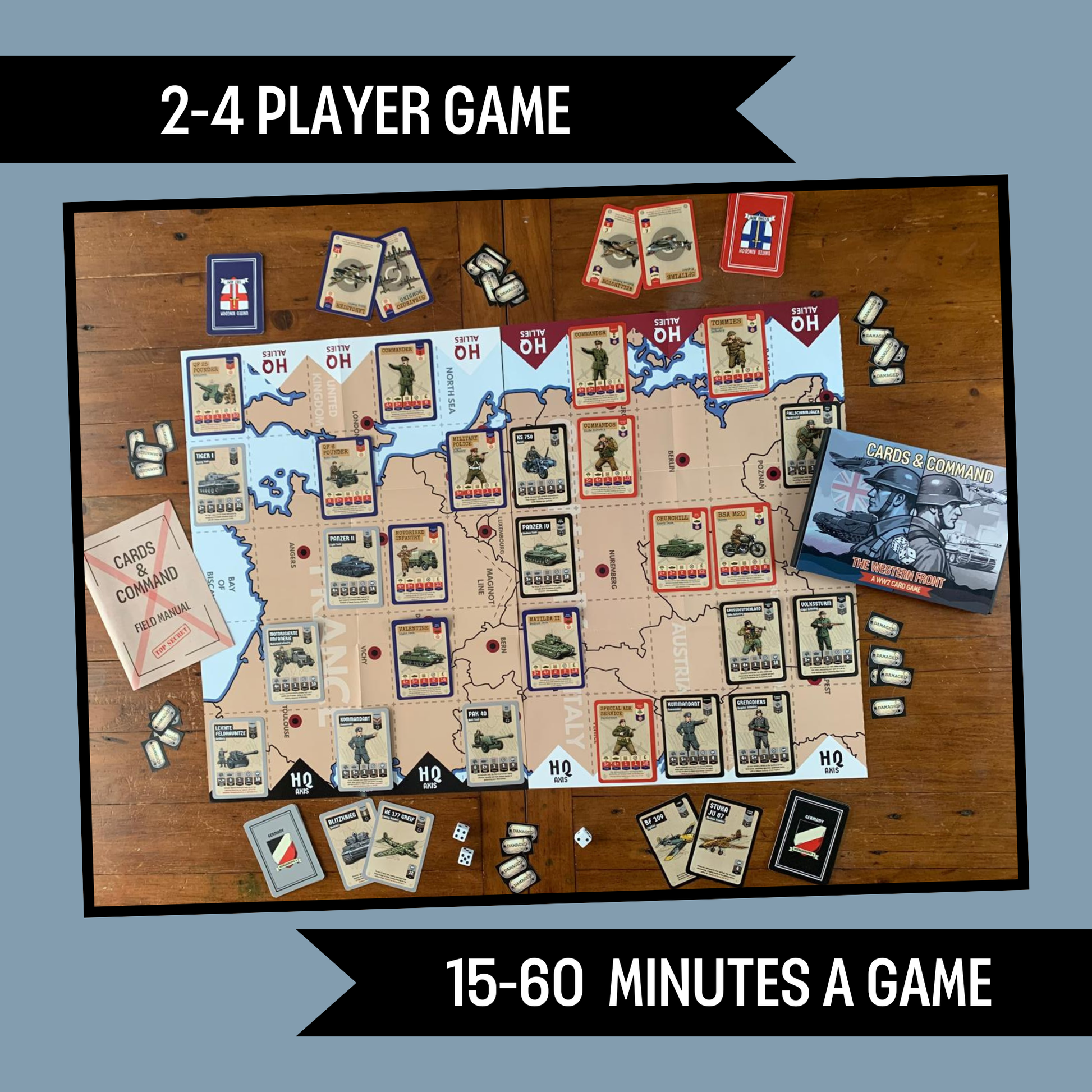ww2 board game setup with cards and pieces on a wooden board, labeled for 2-4 players and duration.
