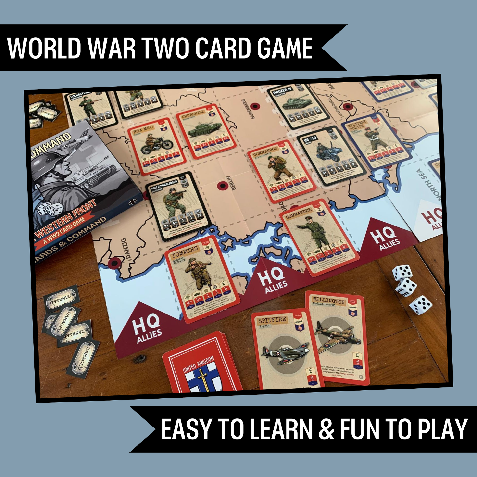 World War Two card game with cards and dice on a map