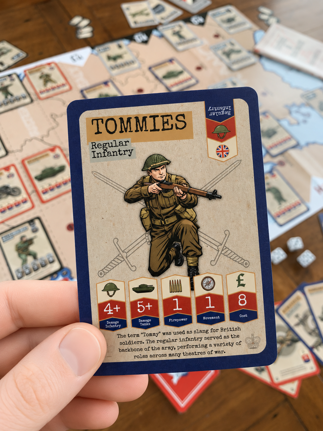 World war 2 card featuring a soldier illustration and text on a game board with other cards.